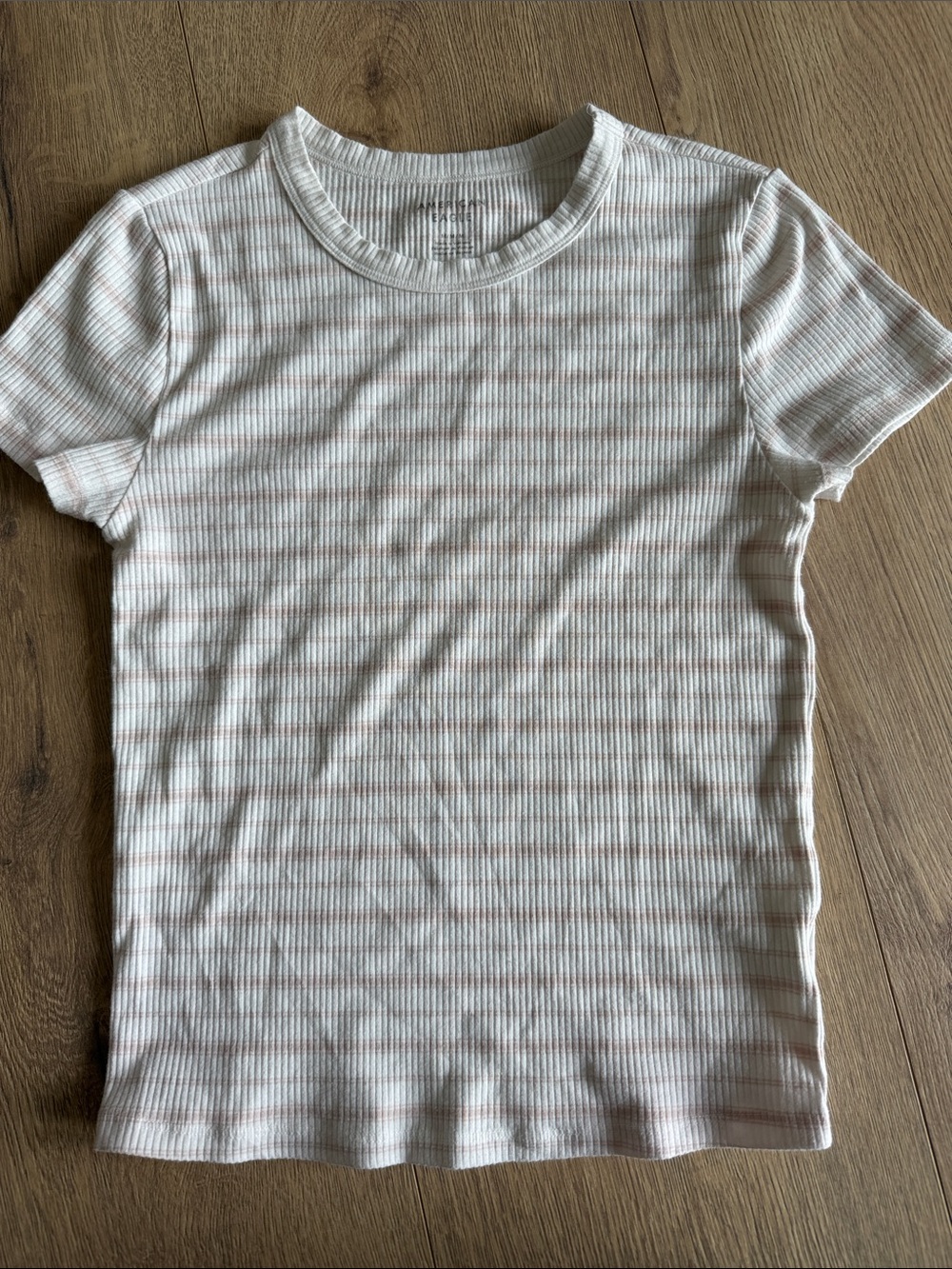 Classic Rib Knit Short Sleeve Top in Cream with Subtle Pink Stripes